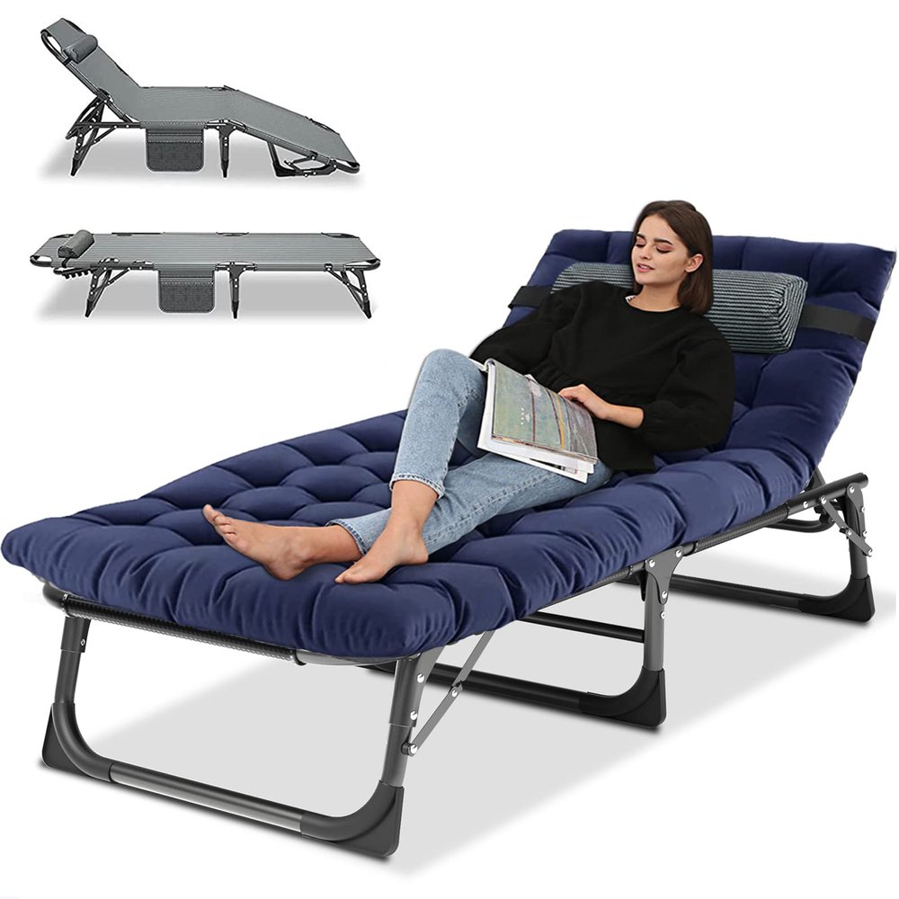 LILYPELLE Portable Folding Camping Cot, Adjustable 5-Position Adults Reclining Folding Chaise with Pillow, Outdoor Portable Folding Lounge Chair Sleeping Cots Bed for Camping, Pool, Beach, Patio