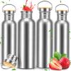 CHENGU 4 Pieces 34oz Single Wall Stainless Steel Water Bottles with Handle and Bamboo Lid Large Leakproof Metal Camping Bottles for Sports, Cyclists, Runners view 1