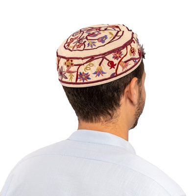 EMANUEL Yair Bucharian Kippah | Yarmulke Hat | Silk Embroidered Birds and Pomegranates Design White