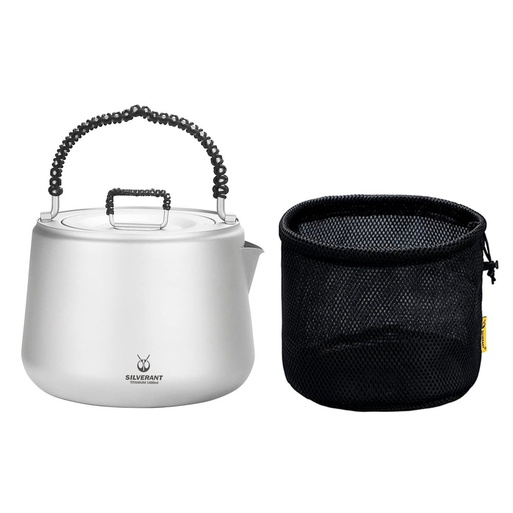 SILVERANT Titanium Camping Kettle, Titanium Pot with Lid Folding Bail Handle Camping Coffee & Tea Pot for Outdoor Backpacking Hiking Teapot 1200ml - Sandblasted