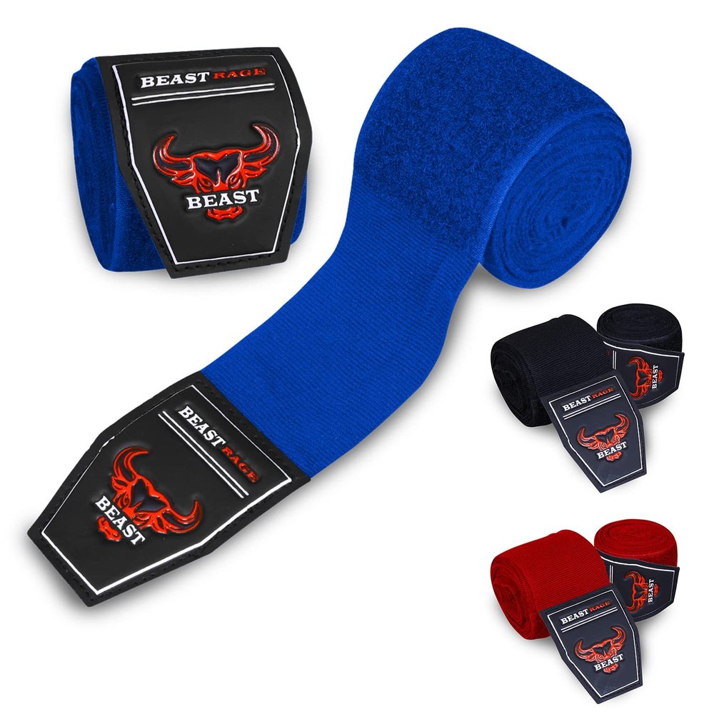 BEAST RAGE Boxing Hand Wraps 4.5 Meter Martial Arts Bandages Inner Gloves Wrist Support Straps Punching Under Hand Knuckles Heavy Elasticated Training Bag Mitts Muay Thai (2.5 m, Blue)