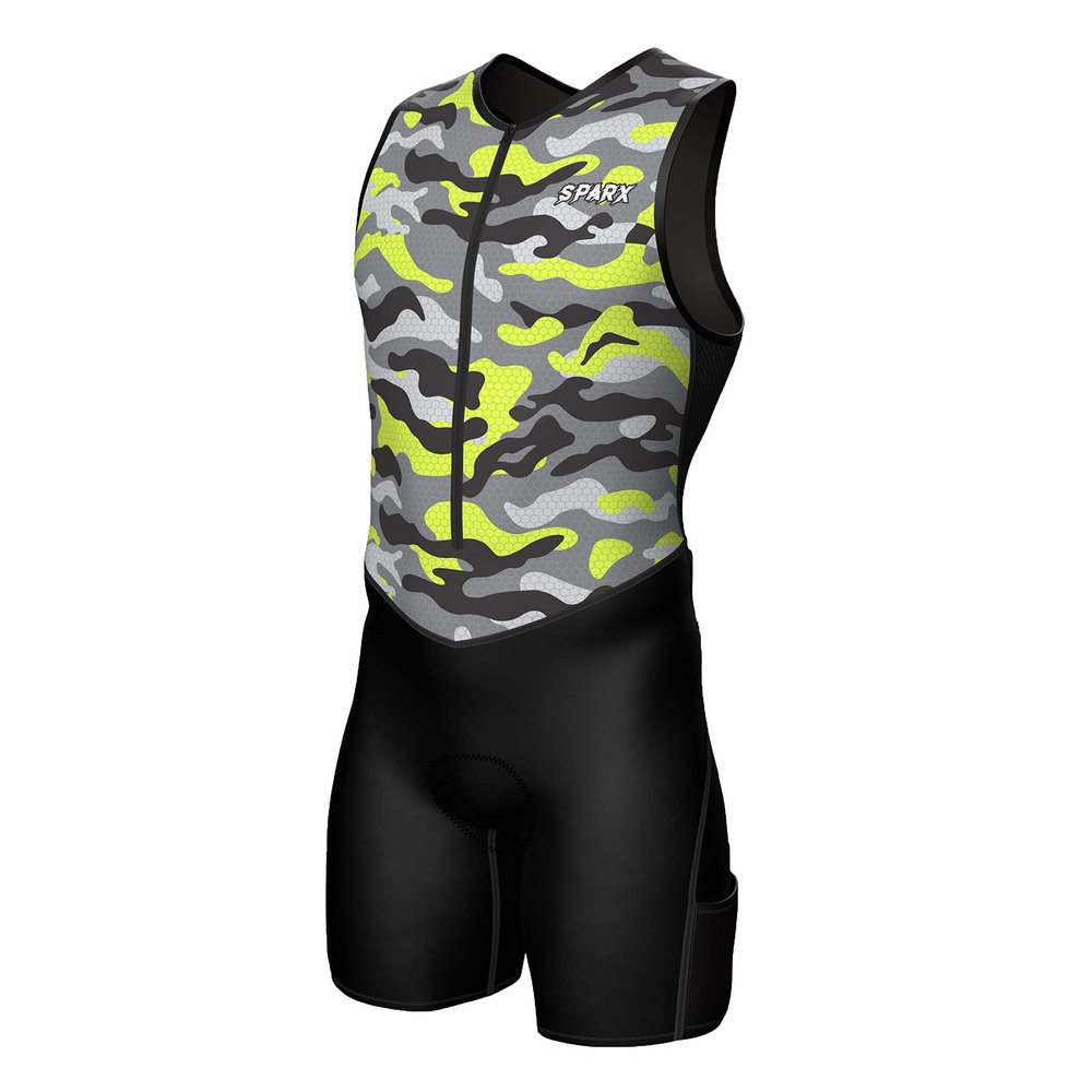 Sparx Men's Premium Triathlon Suit Padded, Quick-Dry, Compression Fit, Lightweight Tri Suit for Swim, Bike, Run Race & Training (Neon Camo, 3XL)
