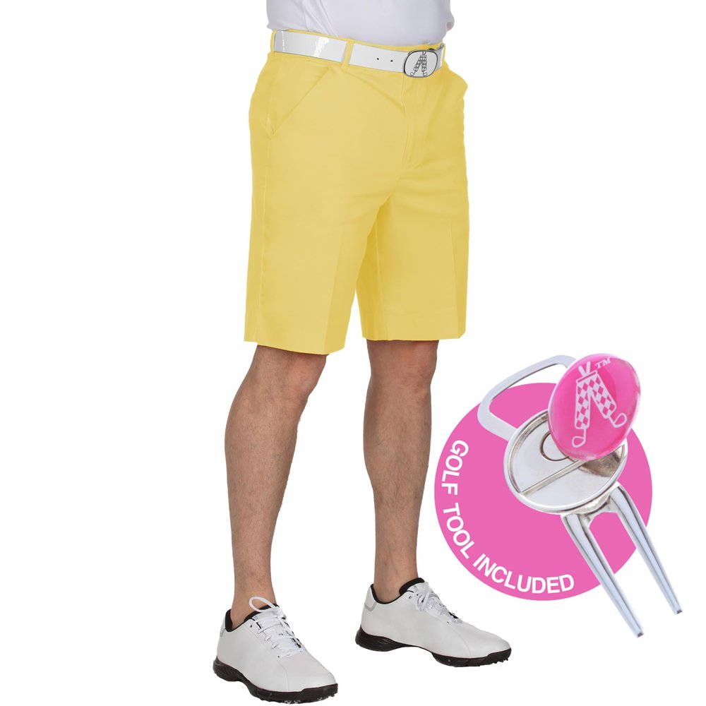 Royal & Awesome Men's Pastel Yellow Golf Shorts, Golf Shorts for Men Slim Fit, Funny Men Apparel, Crazy Design, Bright Yellow, Colorful, 36 Waist