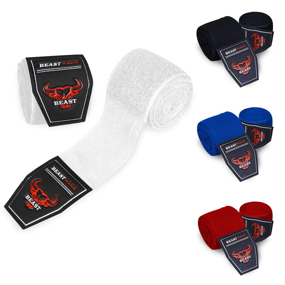 BEAST RAGE Boxing Hand Wraps 4.5 Meter Martial Arts Bandages Inner Gloves Wrist Support Straps Punching Under Hand Knuckles Heavy Elasticated Training Bag Mitts Muay Thai (2.5 m, White)