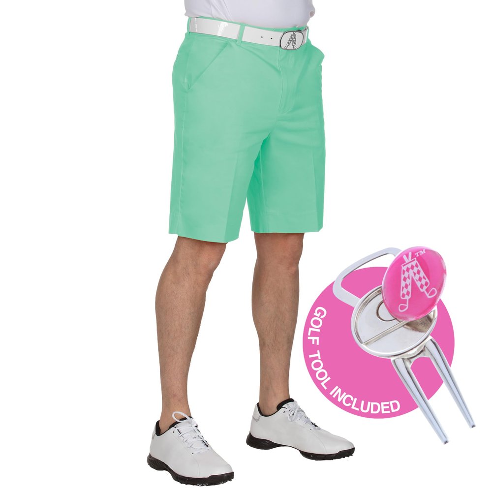 Royal & Awesome Men's Pastel Green Golf Shorts, Golf Shorts for Men Slim Fit, Funny Men Apparel, Crazy Design, Bright Green, Colorful, 32 Waist