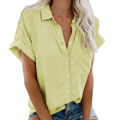 Women T Shirt Summer Solid Lapel V Neck Blouses Short Sleeve Button Down Tee Tops with Pocket Plus Size Loose Shirts Yellow