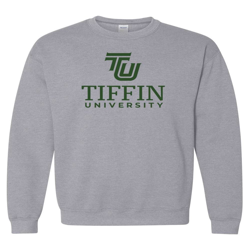 CreateMyTee | Tiffin University Stacked Text Crewneck Sweatshirt (Sport Grey, Small)