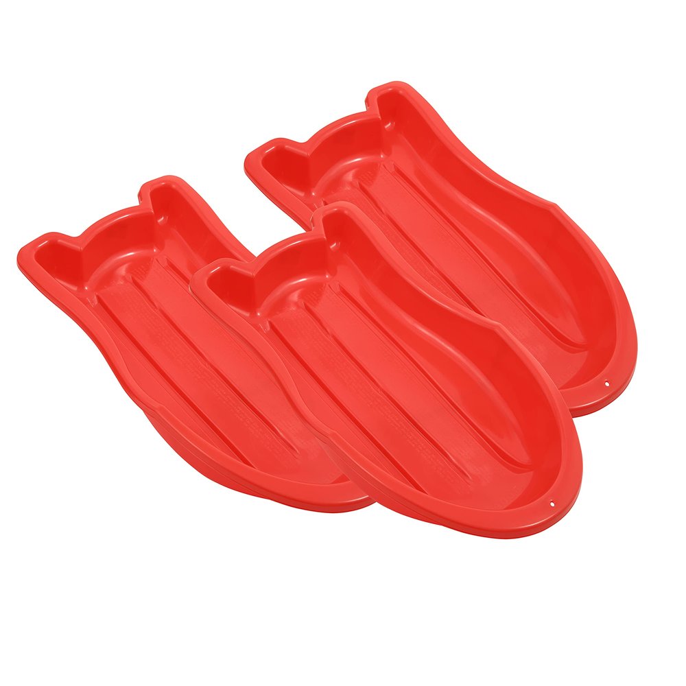 Superio Pack of 3 Toboggan Snow Sled for Kids and Adults, 37" Plastic Sled with Pull Ropes and Handles (Red)