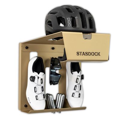 Stasdock Wall Bike Rack | Bike Storage Wall Mount System | For Race Bicycles (New Gold) and Mountain Bikes | Bike Shelf | Indoor bike wall bracket | Store your helmet and shoes | Home and Garage
