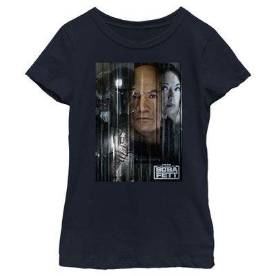 STAR WARS Girl's The Book of Boba Fett Faces of Heroes On Tatooine T-Shirt - Navy Blue - Medium