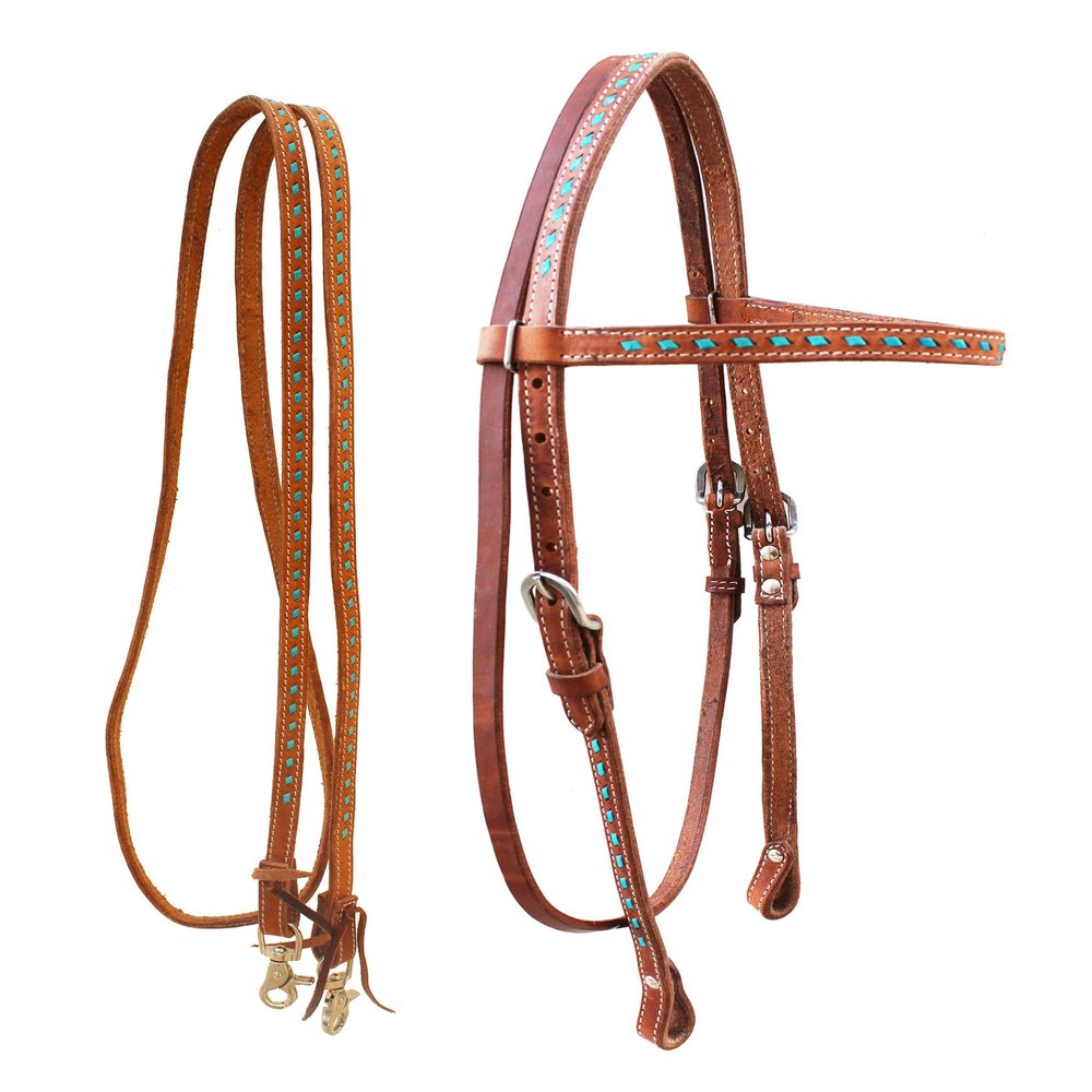CHALLENGER Horse Leather Turquoise Buckstitch Headstall w/Barrel Reins 78AD11HB