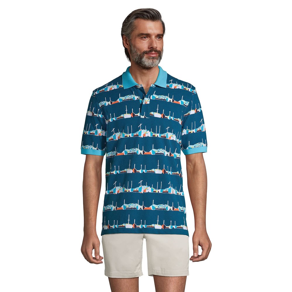 Lands' End Mens Short Sleeve Comfort First Mesh Polo Baltic Teal Docked Boats Regular Small
