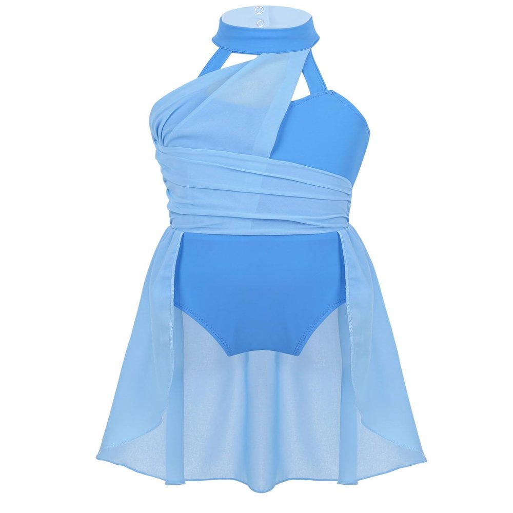 Daenrui Kids Girls Halter Neck Cutout Back Ballet Lyrical Dance Dress Latin Jazz Skating Costume Leotard Skirt Light Blue 8 Years
