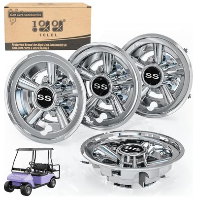 10L0L Golf Cart SS Wheel Covers Hub Caps for EZGO, Club Car, Yamaha - 8 Inch Snap-on Installation, Chrome, Set of 4