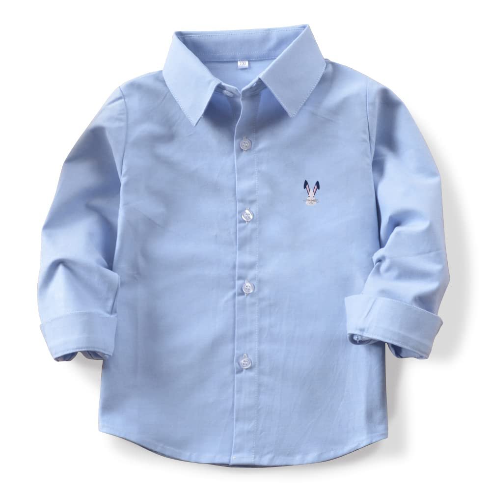 OCHENTA Toddler Boys Oxford Easter Dress Shirts Button Down Long Sleeve Kids Casual Cute Rabbit Blue 90CM - 18 Months