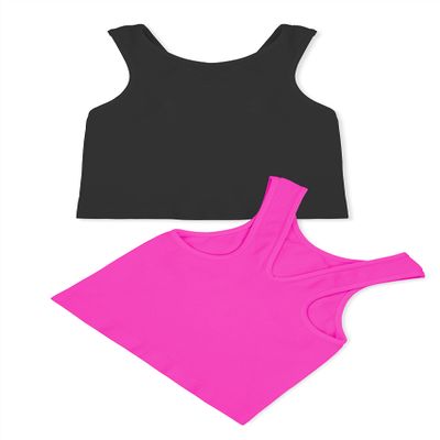 Kurve Premium Girls Seamless Supersoft Sleeveless Crop Tank Top - Stretchy Bra, UV UPF 50+ (Made in USA), Black/Neon Fuschia Set, 4 Years-8 Years