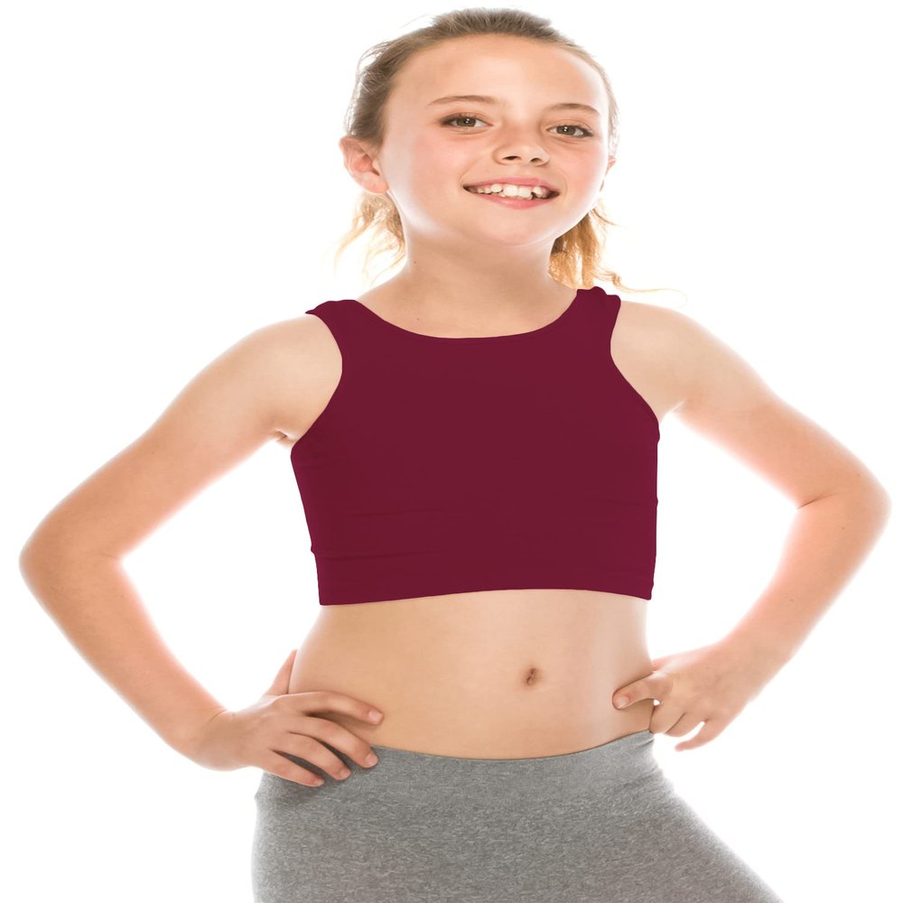 Kurve Premium Girls Seamless Supersoft Sleeveless Crop Tank Top - Stretchy Bra, UV UPF 50+ (Made in USA), Burgundy, 14 Years-17 Years