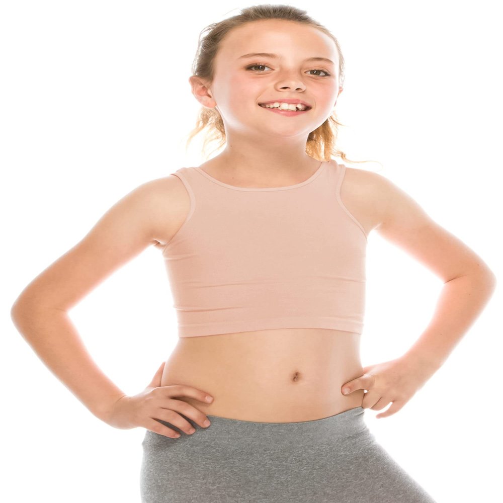 Kurve Premium Girls Seamless Supersoft Sleeveless Crop Tank Top - Stretchy Bra, UV UPF 50+ (Made in USA), Dusty Pink, 9 Years-14 Years