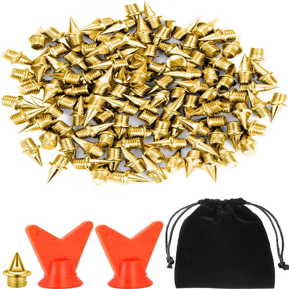 JOVITEC 120 Pieces 1/4 Inch Steel Spikes Shoe Replacement with 2 Pieces Spike Wrench for Track and Cross Country(Gold)
