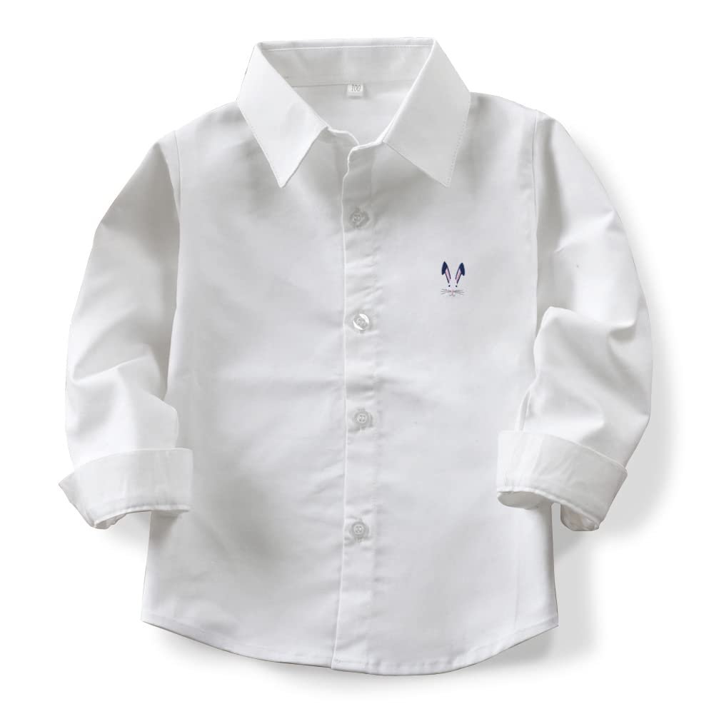 OCHENTA Toddler Boys Oxford Easter Dress Shirts Button Down Long Sleeve Kids Casual Cute Rabbit White 90CM - 18 Months