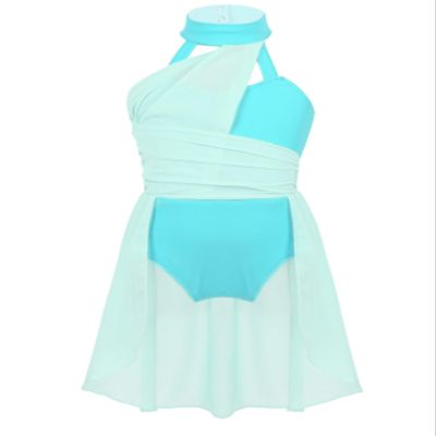 Daenrui Kids Girls Halter Neck Cutout Back Ballet Lyrical Dance Dress Latin Jazz Skating Costume Leotard Skirt Mint Green 10 Years
