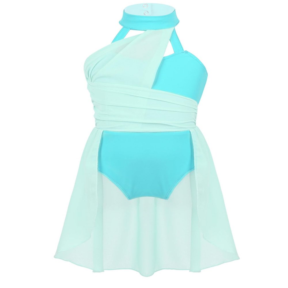 Daenrui Kids Girls Halter Neck Cutout Back Ballet Lyrical Dance Dress Latin Jazz Skating Costume Leotard Skirt Mint Green 10 Years
