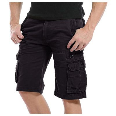 QWENTMTNTY Cargo Shorts for Men Big Tall Relaxed Fit Twill Straight Leg Short Multi-Pockets Athletic Hiking Tactical Shorts Black