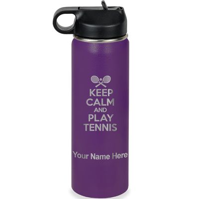 LaserGram Personalized Water Bottle, Keep Calm and Play Tennis, Stainless Steel Double Wall Vacuum Insulated with Flip Top Straw, Custom Engraved Gift (20oz / 590ml Dark Purple)