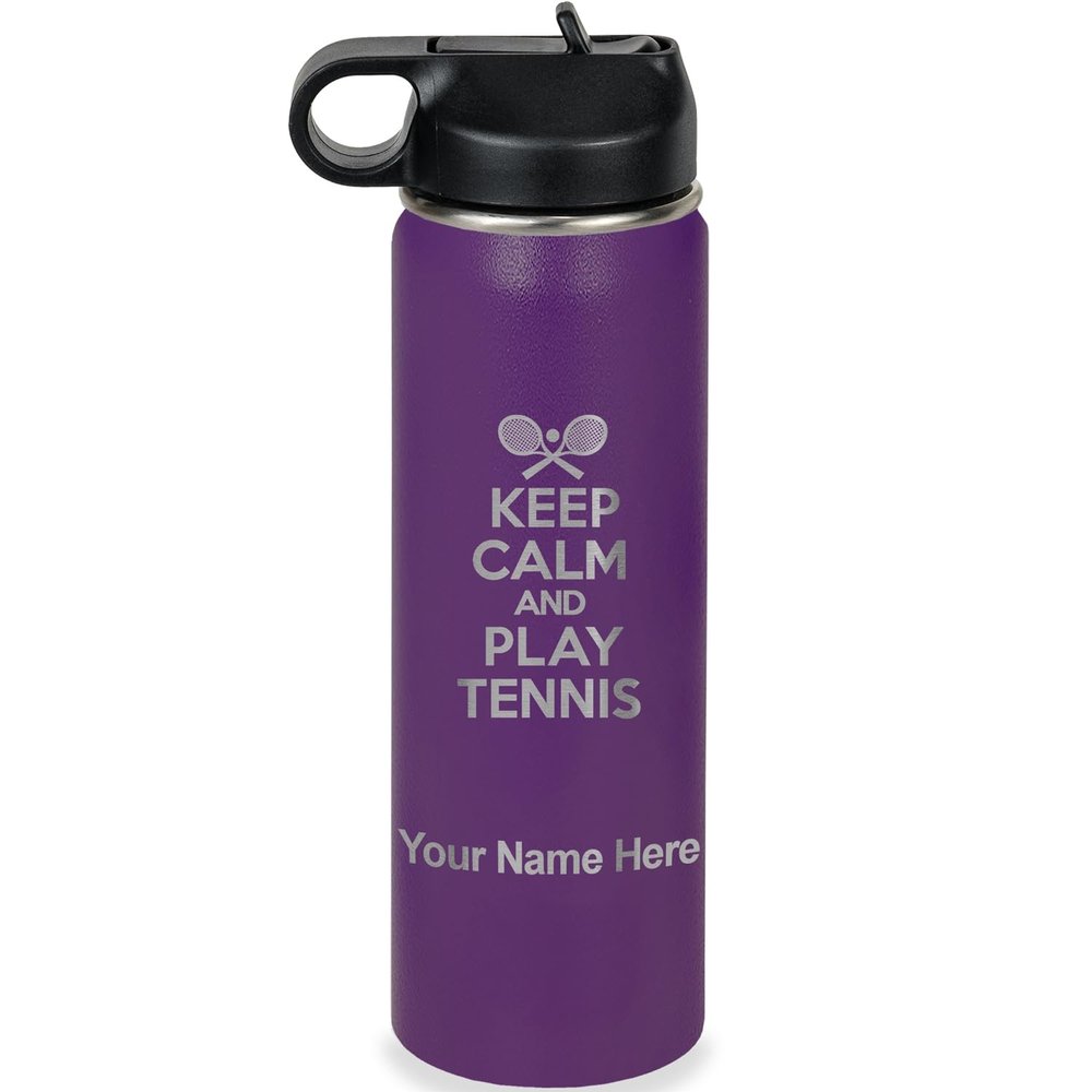 LaserGram Personalized Water Bottle, Keep Calm and Play Tennis, Stainless Steel Double Wall Vacuum Insulated with Flip Top Straw, Custom Engraved Gift (20oz / 590ml Dark Purple)