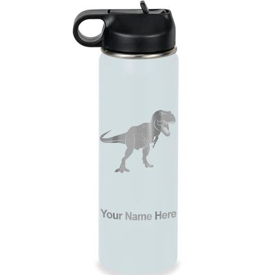 LaserGram Personalized Water Bottle, Tyrannosaurus Rex Dinosaur, Stainless Steel Double Wall Vacuum Insulated with Flip Top Straw, Custom Engraved Gift (20oz / 590ml Light Blue)