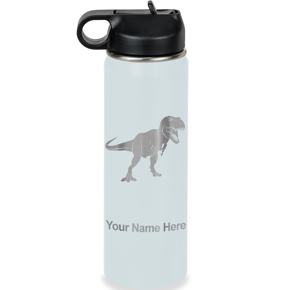 LaserGram Personalized Water Bottle, Tyrannosaurus Rex Dinosaur, Stainless Steel Double Wall Vacuum Insulated with Flip Top Straw, Custom Engraved Gift (20oz / 590ml Light Blue)