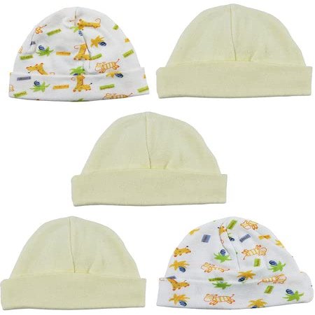 Bambini LS-0437 Beanie Baby Caps Yellow & Prints - One Size - 5 per Pack