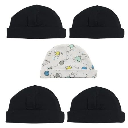Bambini LS-0375 Beanie Baby Caps Black & Print - One Size - 5 per Pack