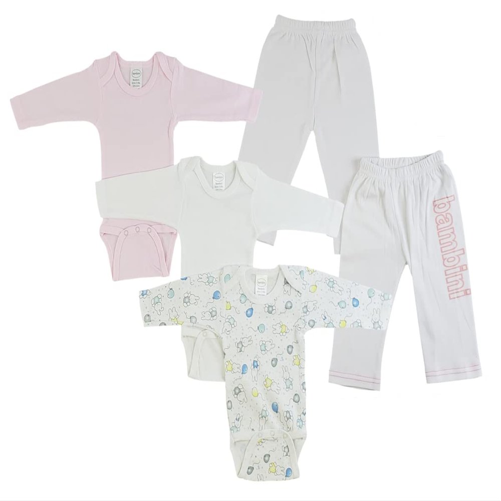 Bambini CS-0451NB Infant Girls Long Sleeve One Piece & Track Sweat Pants White & Pink - Newborn - 5 per Pack