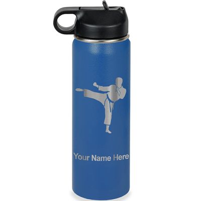 LaserGram Personalized Water Bottle, Karate Man, Stainless Steel Double Wall Vacuum Insulated with Flip Top Straw, Custom Engraved Gift (20oz / 590ml Dark Blue)