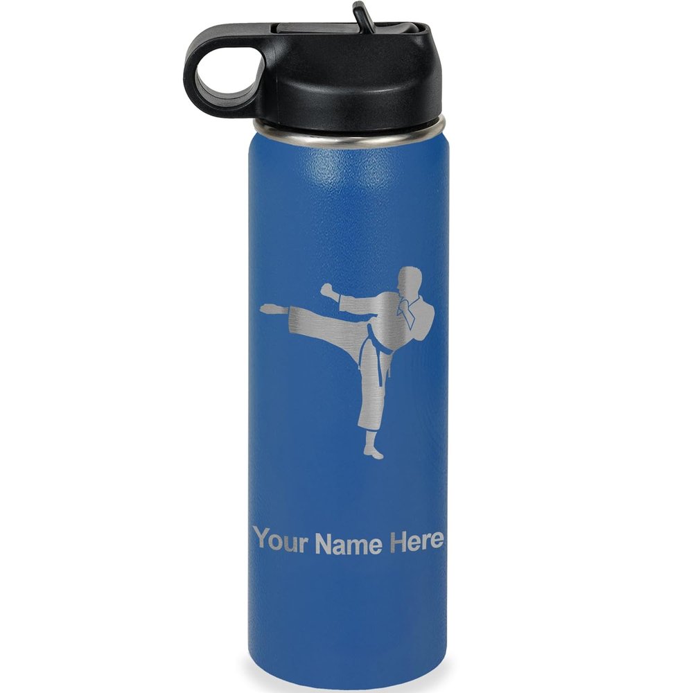 LaserGram Personalized Water Bottle, Karate Man, Stainless Steel Double Wall Vacuum Insulated with Flip Top Straw, Custom Engraved Gift (20oz / 590ml Dark Blue)