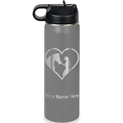LaserGram Personalized Water Bottle, Horse Cowgirl Heart, Stainless Steel Double Wall Vacuum Insulated with Flip Top Straw, Custom Engraved Gift (20oz / 590ml Gray)