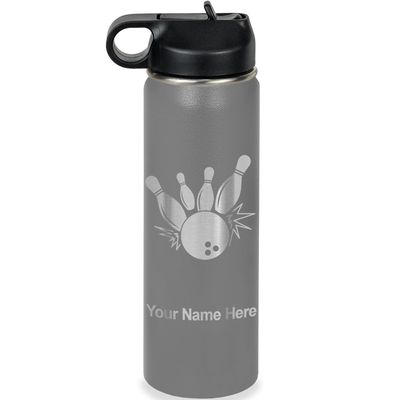 LaserGram Personalized Water Bottle, Bowling Ball and Pins, Stainless Steel Double Wall Vacuum Insulated with Flip Top Straw, Custom Engraved Gift (20oz / 590ml Gray)