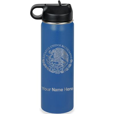 LaserGram Personalized Water Bottle, Flag of Mexico, Stainless Steel Double Wall Vacuum Insulated with Flip Top Straw, Custom Engraved Gift (20oz / 590ml Dark Blue)