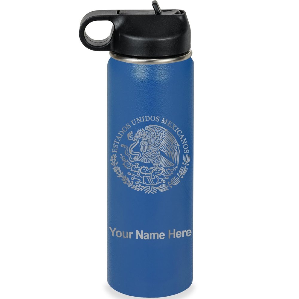 LaserGram Personalized Water Bottle, Flag of Mexico, Stainless Steel Double Wall Vacuum Insulated with Flip Top Straw, Custom Engraved Gift (20oz / 590ml Dark Blue)