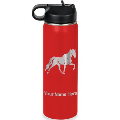 LaserGram Personalized Water Bottle, Horse, Stainless Steel Double Wall Vacuum Insulated with Flip Top Straw, Custom Engraved Gift (20oz / 590ml Red)