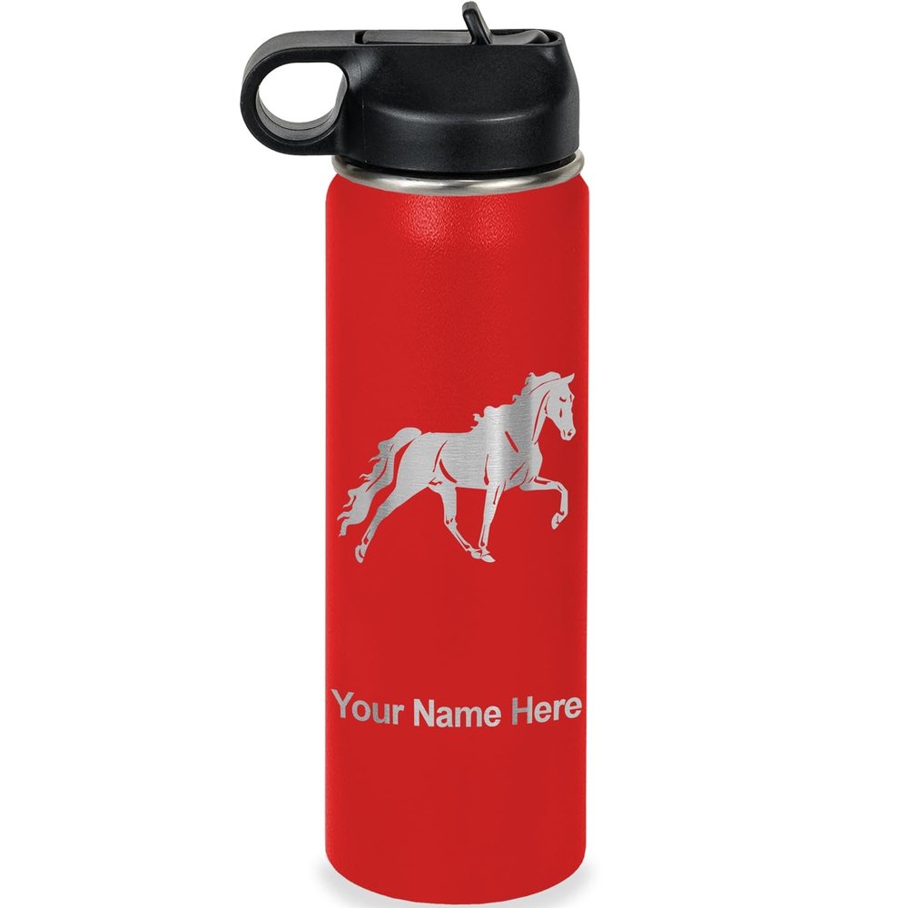 LaserGram Personalized Water Bottle, Horse, Stainless Steel Double Wall Vacuum Insulated with Flip Top Straw, Custom Engraved Gift (20oz / 590ml Red)