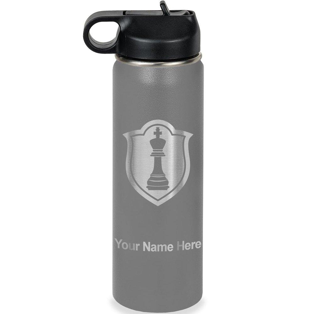 LaserGram Personalized Water Bottle, Chess King, Stainless Steel Double Wall Vacuum Insulated with Flip Top Straw, Custom Engraved Gift (20oz / 590ml Gray)