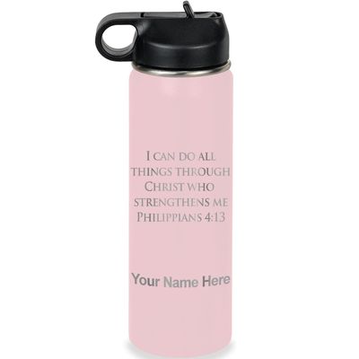 LaserGram Personalized Water Bottle, Bible Verse Philippians 4-13, Stainless Steel Double Wall Vacuum Insulated with Flip Top Straw, Custom Engraved Gift (20oz / 590ml Pink)