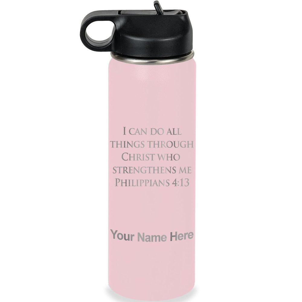 LaserGram Personalized Water Bottle, Bible Verse Philippians 4-13, Stainless Steel Double Wall Vacuum Insulated with Flip Top Straw, Custom Engraved Gift (20oz / 590ml Pink)
