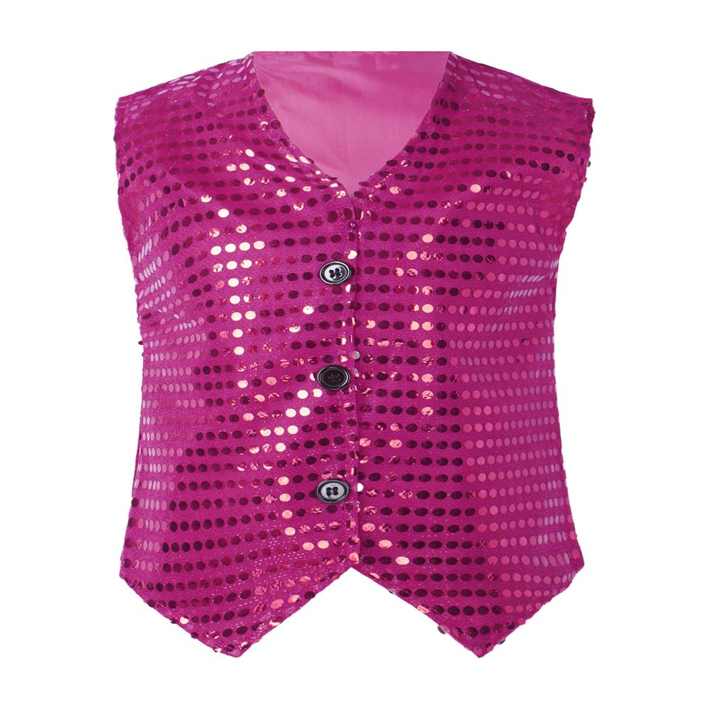 FEESHOW Kids Boys Girls Glittery Sequins Sleeveless Button Closure Vest Jacket for Stage Performance Show Dancewear Hot Pink 17-18 Years