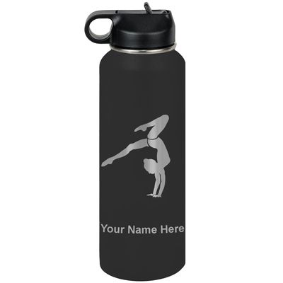 LaserGram Personalized Water Bottle, Gymnast Handstand, Stainless Steel Double Wall Vacuum Insulated with Flip Top Straw, Custom Engraved Gift (40oz / 1180ml Black)