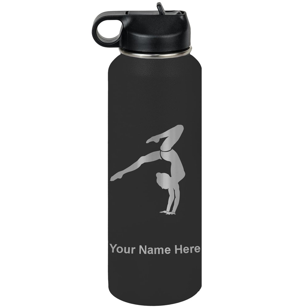LaserGram Personalized Water Bottle, Gymnast Handstand, Stainless Steel Double Wall Vacuum Insulated with Flip Top Straw, Custom Engraved Gift (40oz / 1180ml Black)