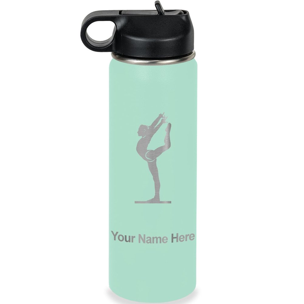 LaserGram Personalized Water Bottle, Gymnast Woman, Stainless Steel Double Wall Vacuum Insulated with Flip Top Straw, Custom Engraved Gift (20oz / 590ml Teal)