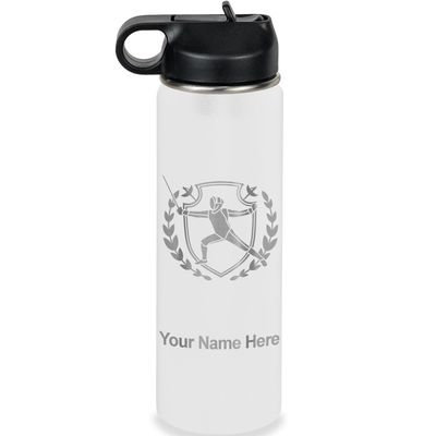 LaserGram Personalized Water Bottle, Fencing, Stainless Steel Double Wall Vacuum Insulated with Flip Top Straw, Custom Engraved Gift (20oz / 590ml White)
